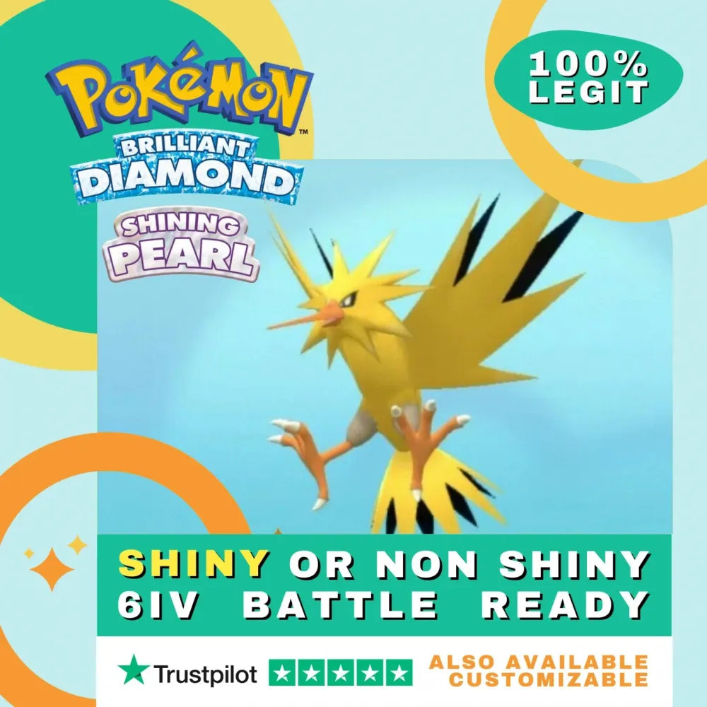 Zapdos Shiny ✨ or Non Shiny Pokémon Brilliant Diamond Shining Pearl Battle Ready 6 IV Competitive 100% Legit Level 100 Customizable Custom OT by Shiny Living Dex | Shiny Living Dex