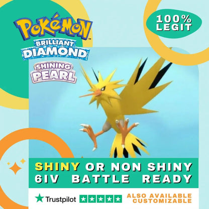 Zapdos Shiny ✨ or Non Shiny Pokémon Brilliant Diamond Shining Pearl Battle Ready 6 IV Competitive 100% Legit Level 100 Customizable Custom OT by Shiny Living Dex | Shiny Living Dex