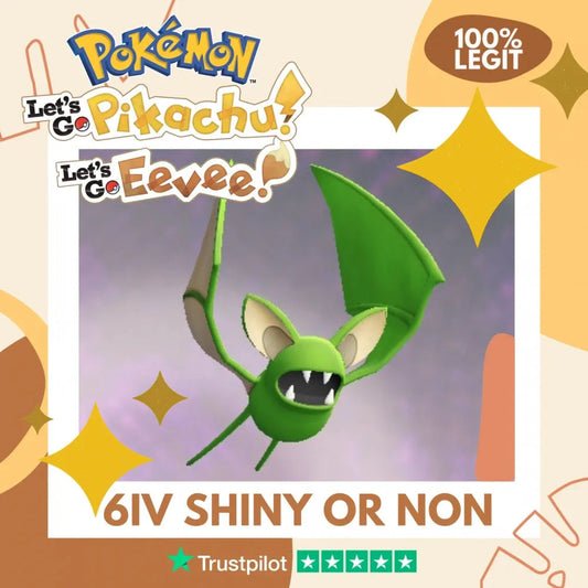 Zubat Shiny ✨ or Non Shiny Pokémon Let's Go Pikachu Eevee Level 1 Legit 6 IV 100% Legal from GO Park Customizable Custom OT by Shiny Living Dex | Shiny Living Dex